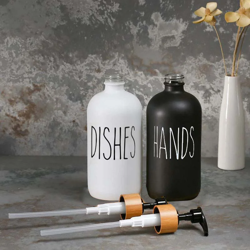 Hand Dish Soap Dispenser Set 2Pcs 500ml Bathroom Kitchen Sink Refillable Plastics/Bamboo Wood Pump Bottles Empty Container