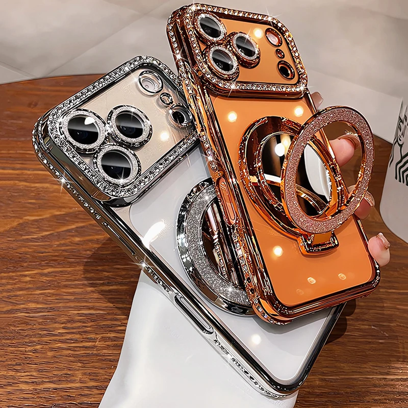 Glitter Mirror Magnetic Stand Holder Phone Case for iPhone 17 16 14 13 12 11 Pro Max Air 15 Plus Make Up Diamond Plating Cover 2