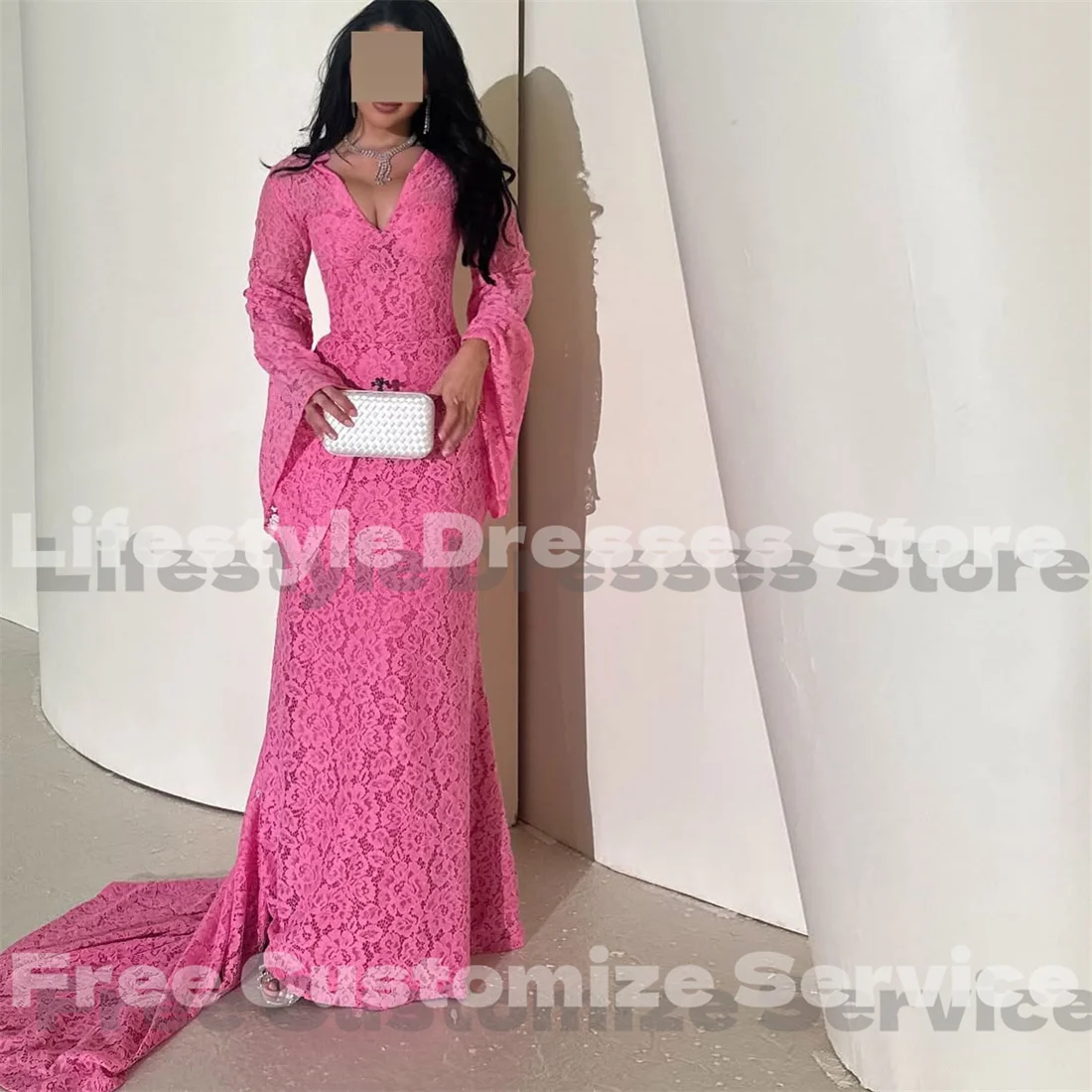V-Neck Lace Sweet Saudi Prom Dresses Long Flare Sleeves Back Tail Formal Evening Party Gown