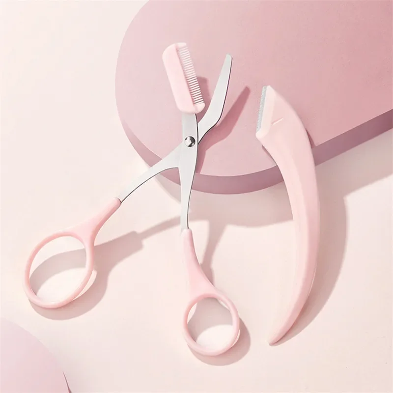 Eyebrow Trimmer Scissors with Comb Stainless Steel Eyebrow Eyelash Hair Scissors Portable Pink Trimmer Set Make Up Tools eyebrow trimmer set,eyebrow trimmer,eyebrow scissors