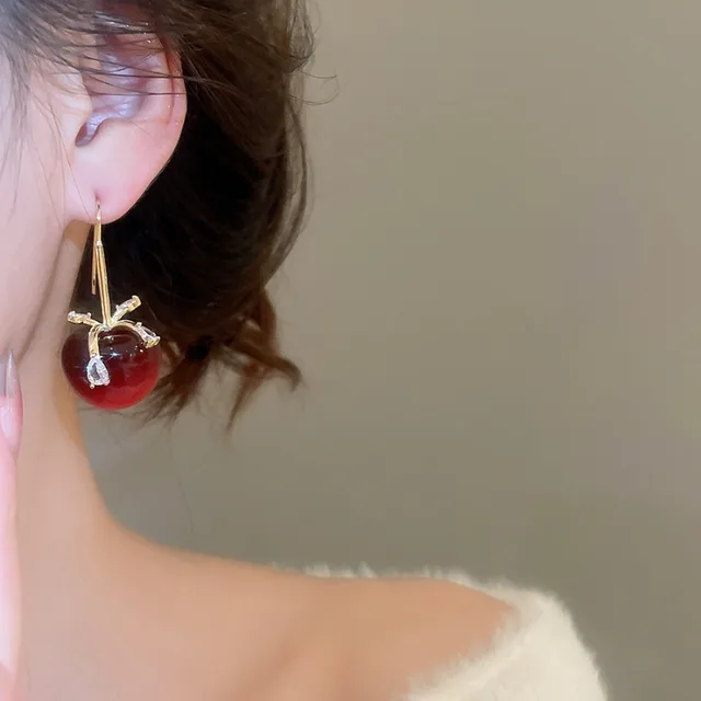 Minar Cute Red Black Gradient Color Resin Apple CZ Cubic Zirconia Bowknot Long Drop Earrings for Women Real Gold Plated Copper