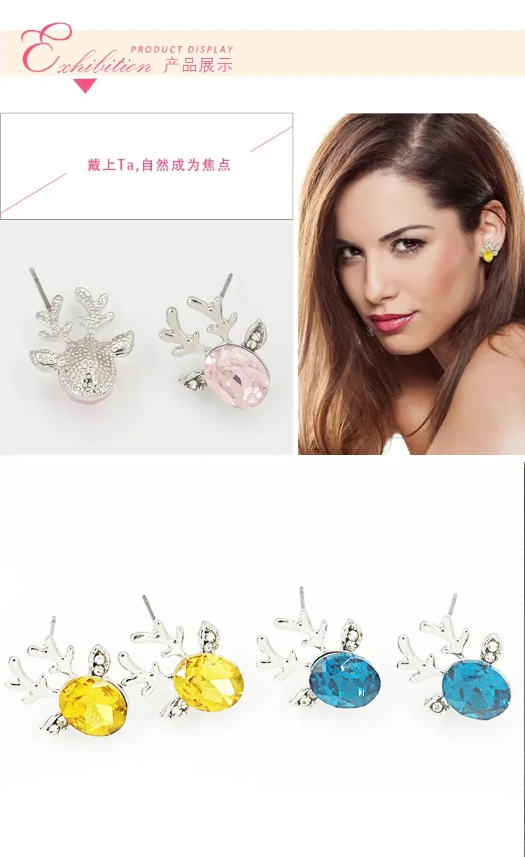 Cartoon Animal Deer Stud Earrings Small Antler Earing For Girls Kid CZ Crystal Stone Christmas Gift Jewelry Women pendientes