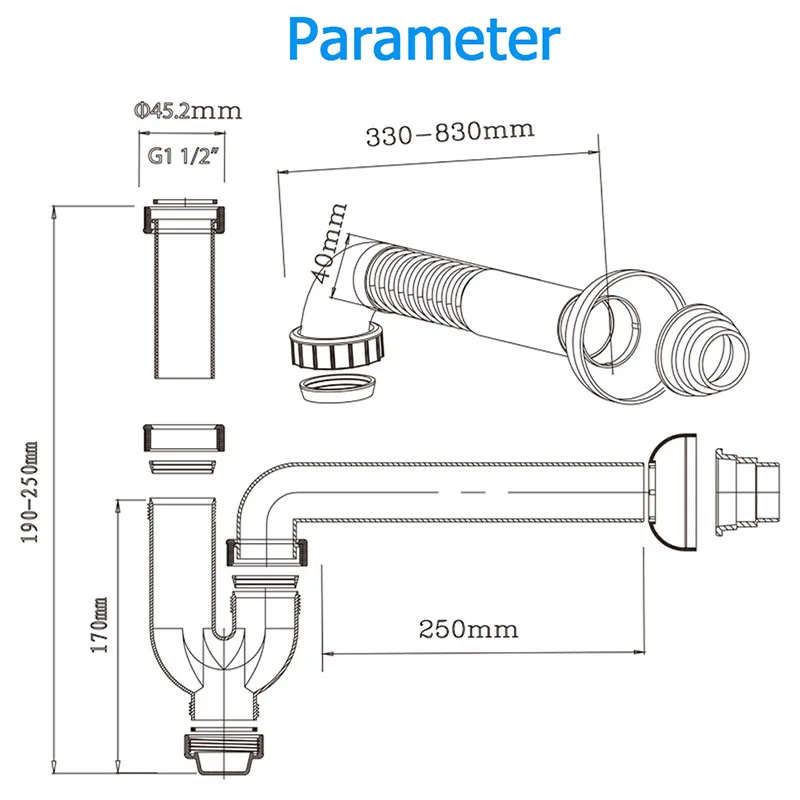 anti odor anti backflow tube comprimento 330 380mm 45mm 01