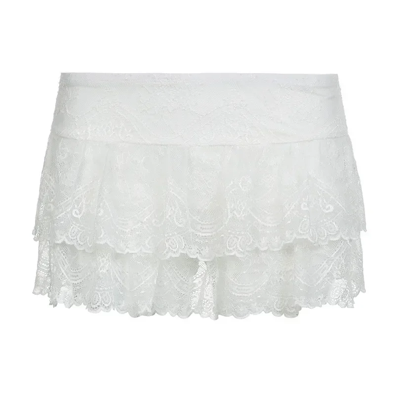 Tulle Lace Skirt Miniskirt A-line Boho Skirt Black Solid Low Waist Lace Shorts Tiered Skirts Womens White Fairycore Micro