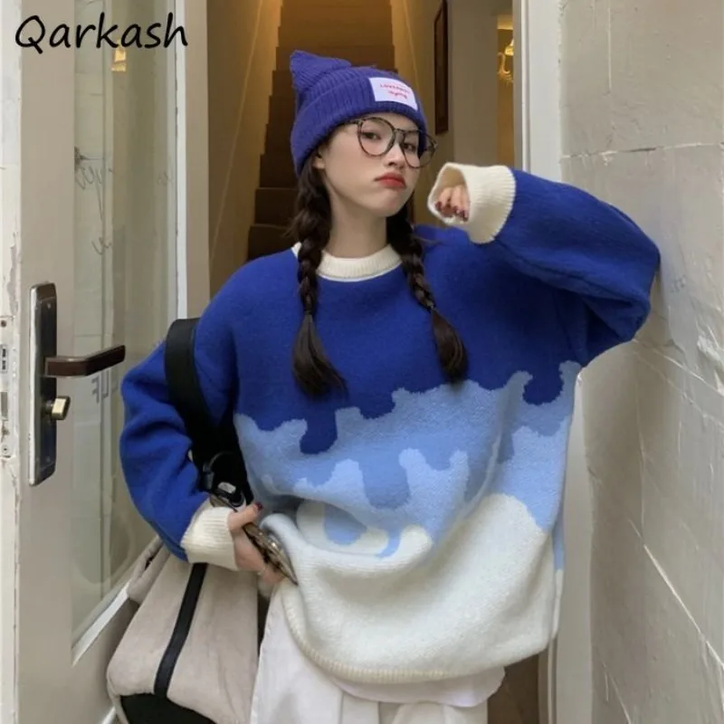 

Blue Gradient Loose Pullovers Women Cozy Knitting Winter Keep Warm College Fashion Ulzzang Sweaters O-neck Harajuku Comfortable