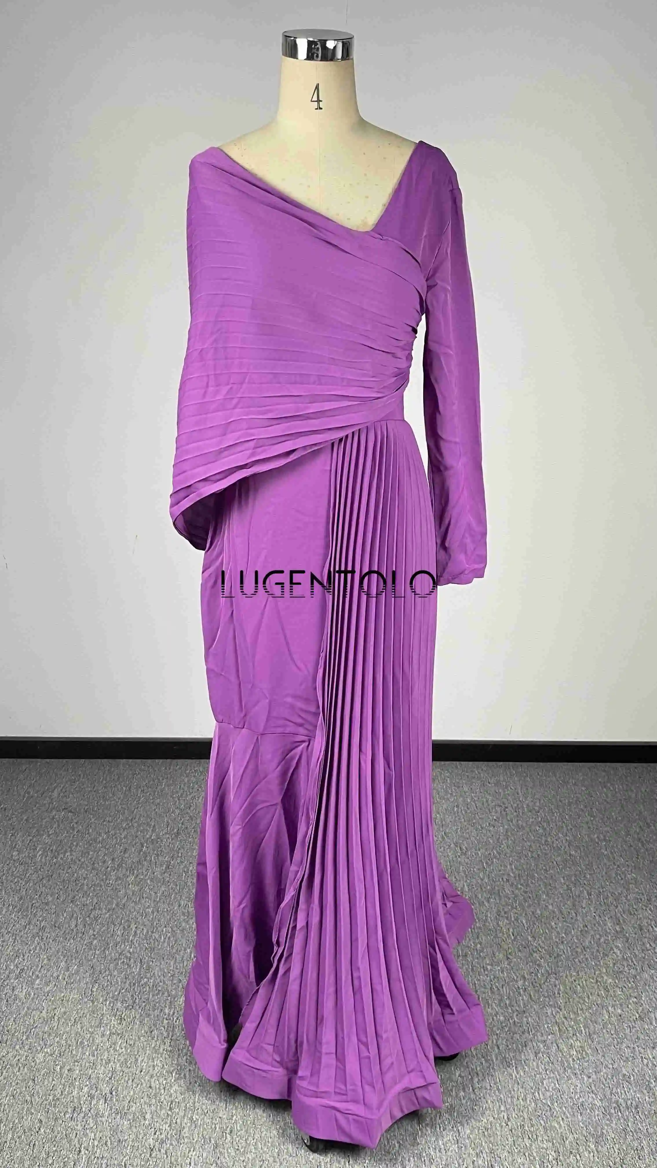 Abito da festa sexy da donna a maniche lunghe pressato pieghettato