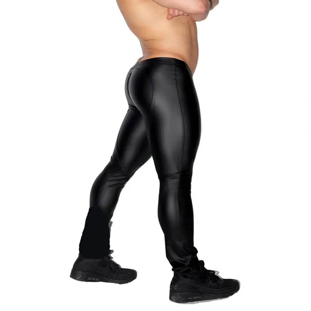 Men's Leather Trousers Mid-rise U Convex Zipper Open Crotch Men Pants Sexy Skinny PU Leather Clubwear Tights Punk Clothing