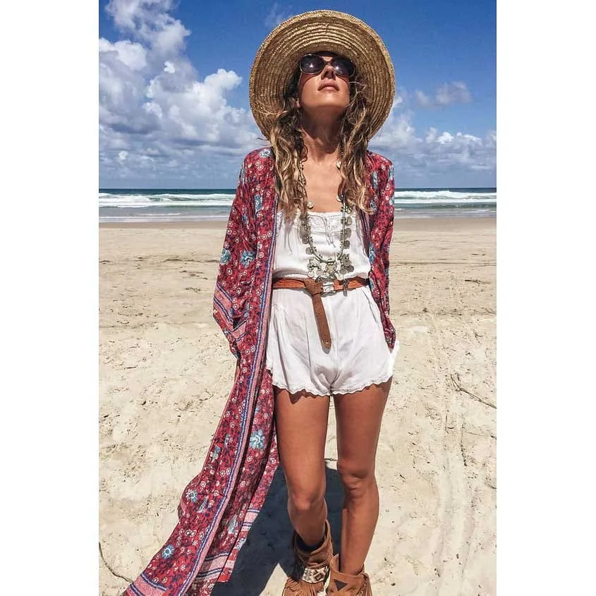 Super Chic Wine Kimono sleeve robe Kaftan Floral print Boho beach cover-ups sexy Side Slits Gypsy summer bikini cover ups women 1