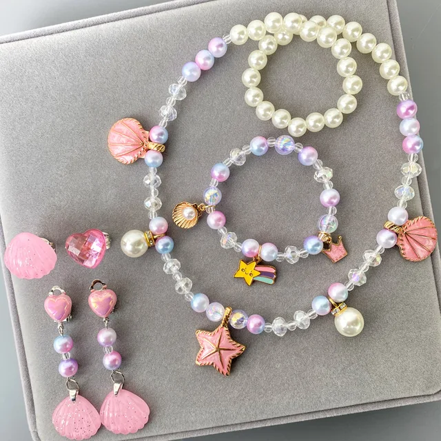 5/6pcs Girls Pearl Necklace + Bracelet +earrings Kids Toys  Handmade Necklace Accessories Princess Children Birthday Gifts 4