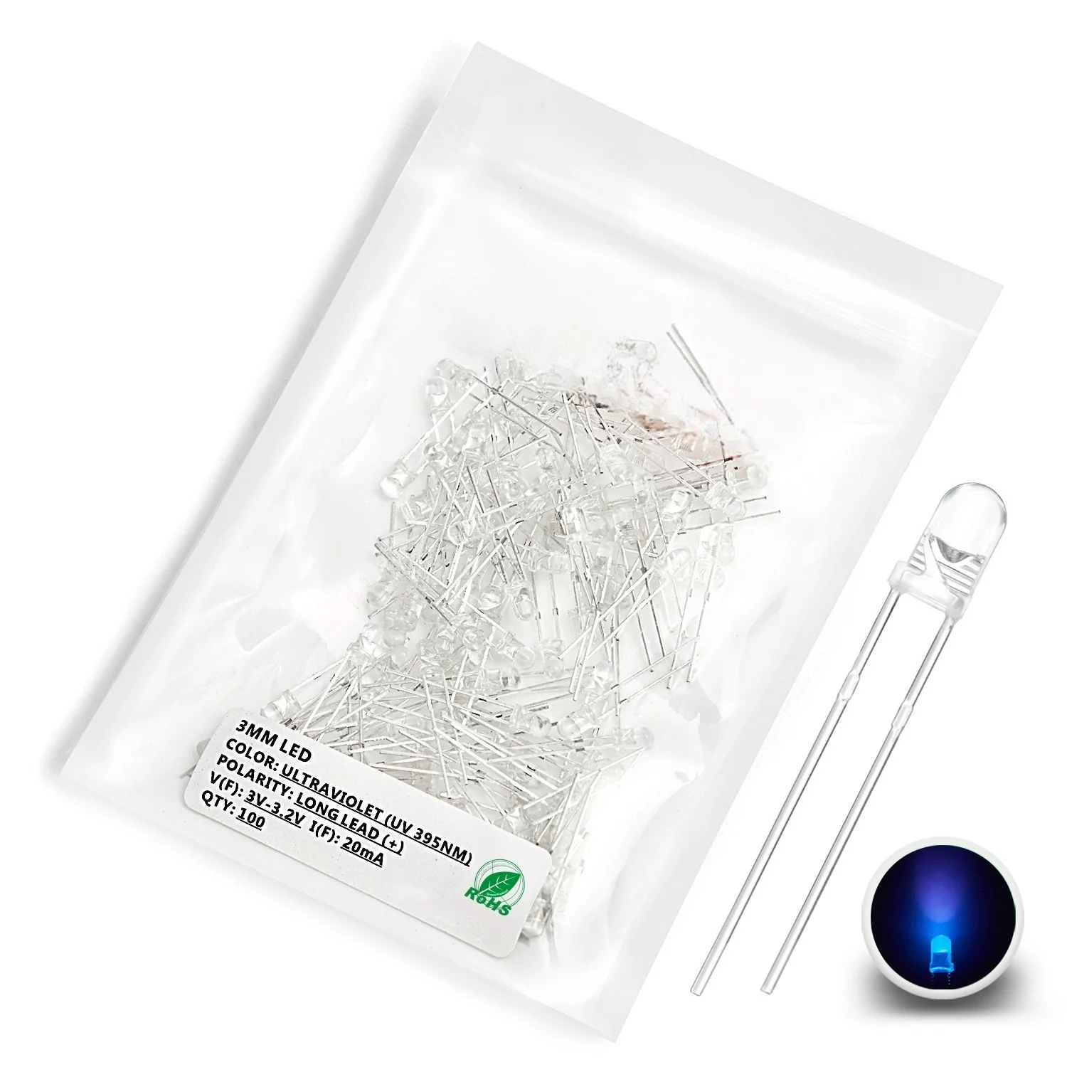 100 Stück 3 mm LED-Dioden, ultrahell, warmweiß, rot, grün, blau, UV-Lila, gelb, orange, rosa, 2 V, 3 V, mehrfarbiges Emitting-Sortiment – Detail 11