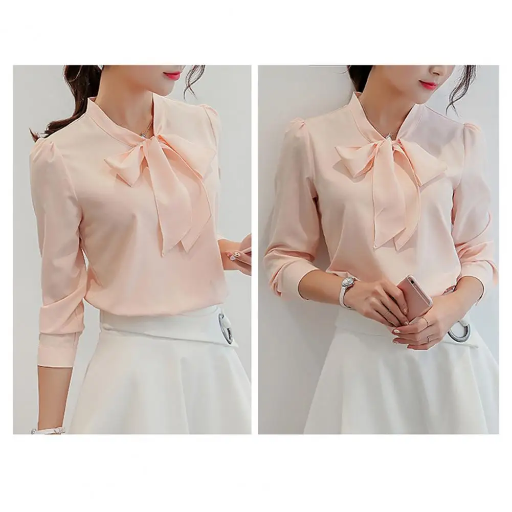 

Women Shirt Chic Lace-up Collar Chiffon Blouse Stylish Spring/summer Women's Workwear with Bowknot Detailing Long Sleeves Bright