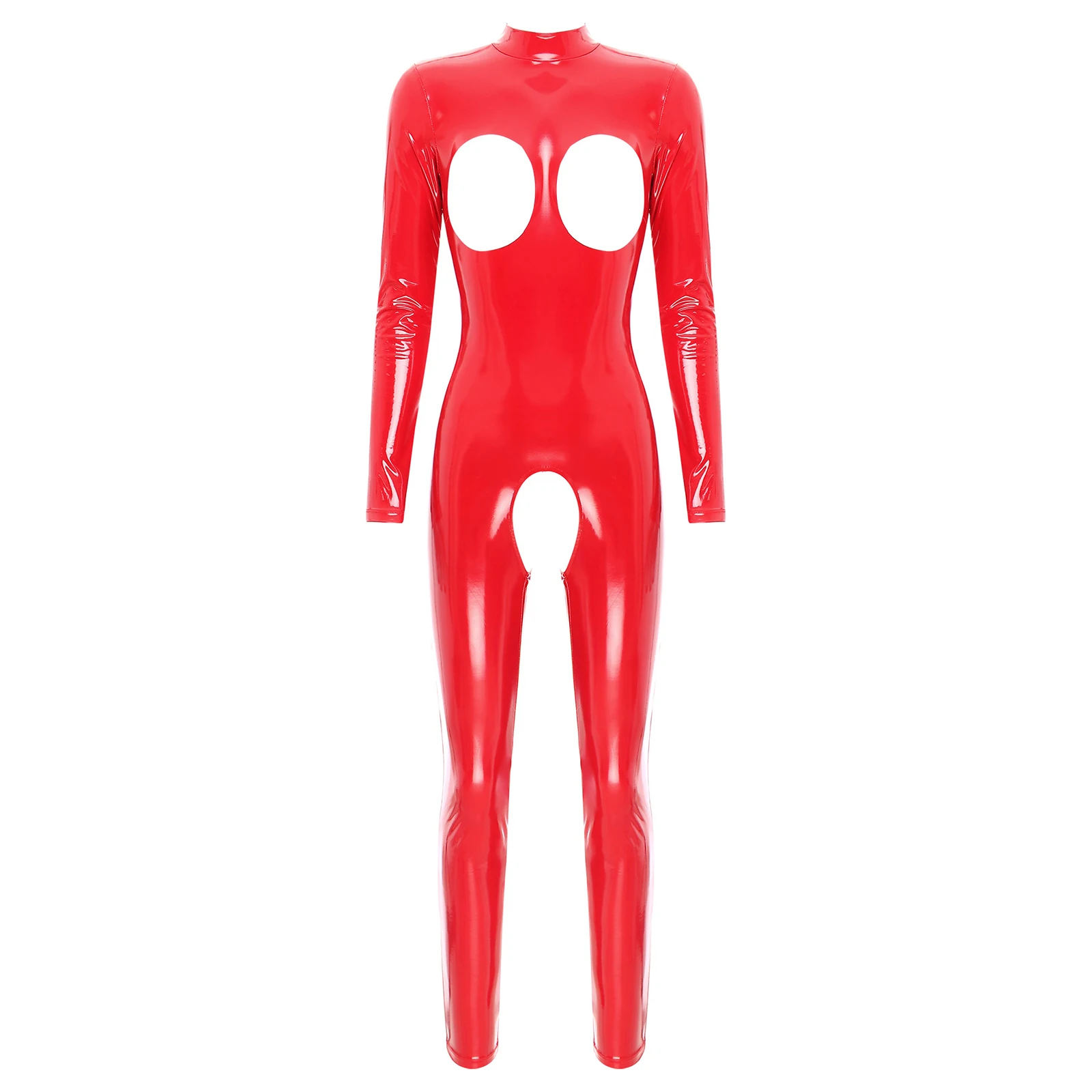 thumbnail image 1 of Mono de charol con entrepierna recortada para mujer, con cremallera, cuello alto, sin entrepierna, traje de gato, aspecto mojado, body de látex de manga larga, 1 of 5