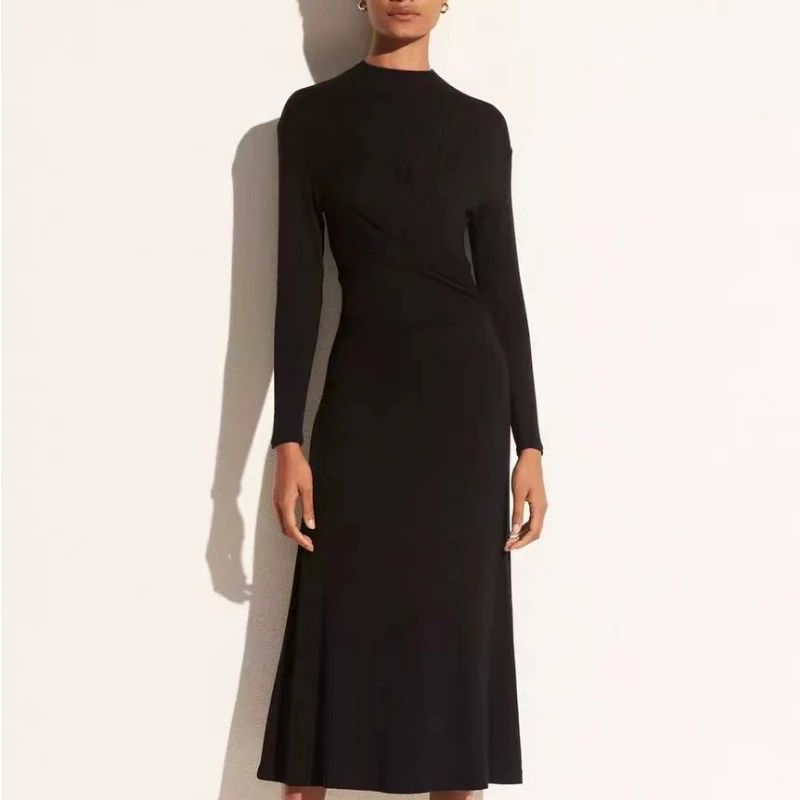 

Ladies Black O-neck Long Sleeved Knitting Midi Dress Autumn and Winter Women's Waist Close Fitting Pleated Ankle Gown Elegant