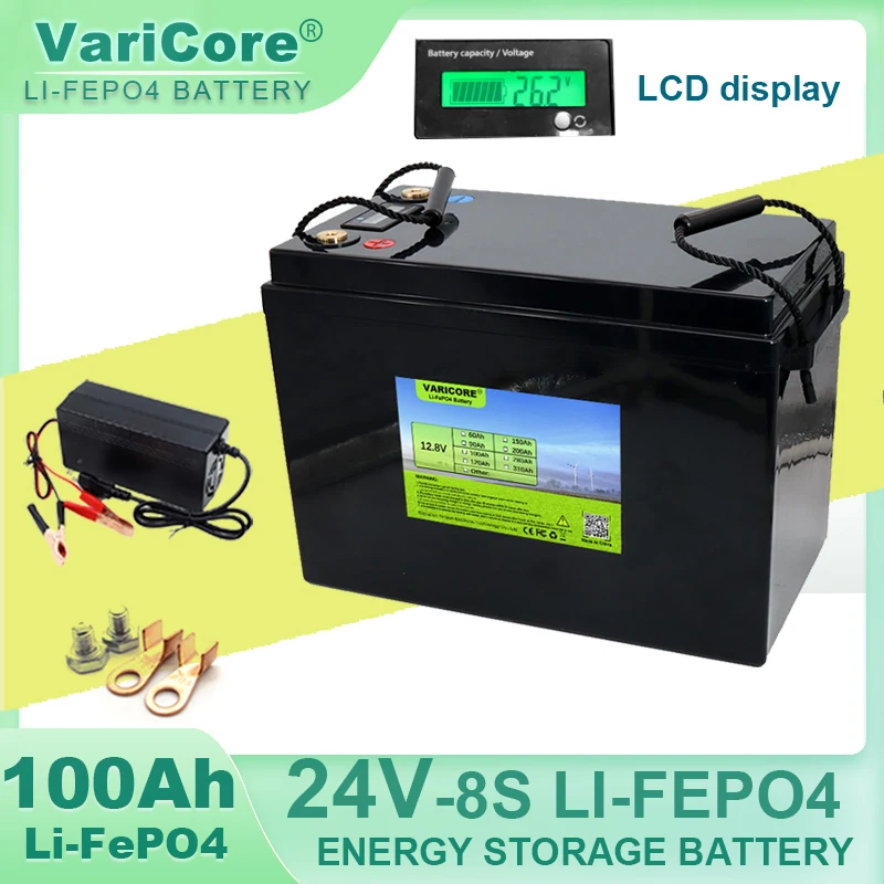 VariCore 24V 100AH 8 string LiFePO4 Battery Lithium Iron Phosphate 25.6v inverter Car lighter Batteries 29.2V Charger Tax Free