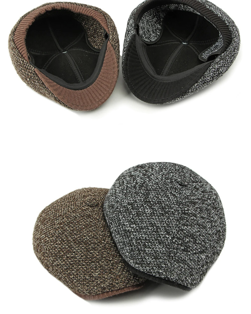 HT4538 Berets Männer Winter Wolle Baskenmütze Hut Dicke Warme Achteckige Earflap Kappe Männliche Gestrickte Hut Ivy Flache Kappe Fleece Gefüttert Baskenmütze Kappen – Detail 4