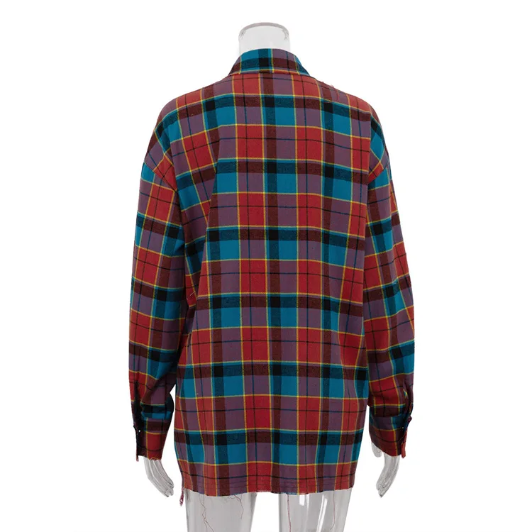 Patchwork Vintage Loose Shirts Female Casual Patchwork Pocket Long Sleeve Contrast Autumn Outwear Women's Shirts Tee