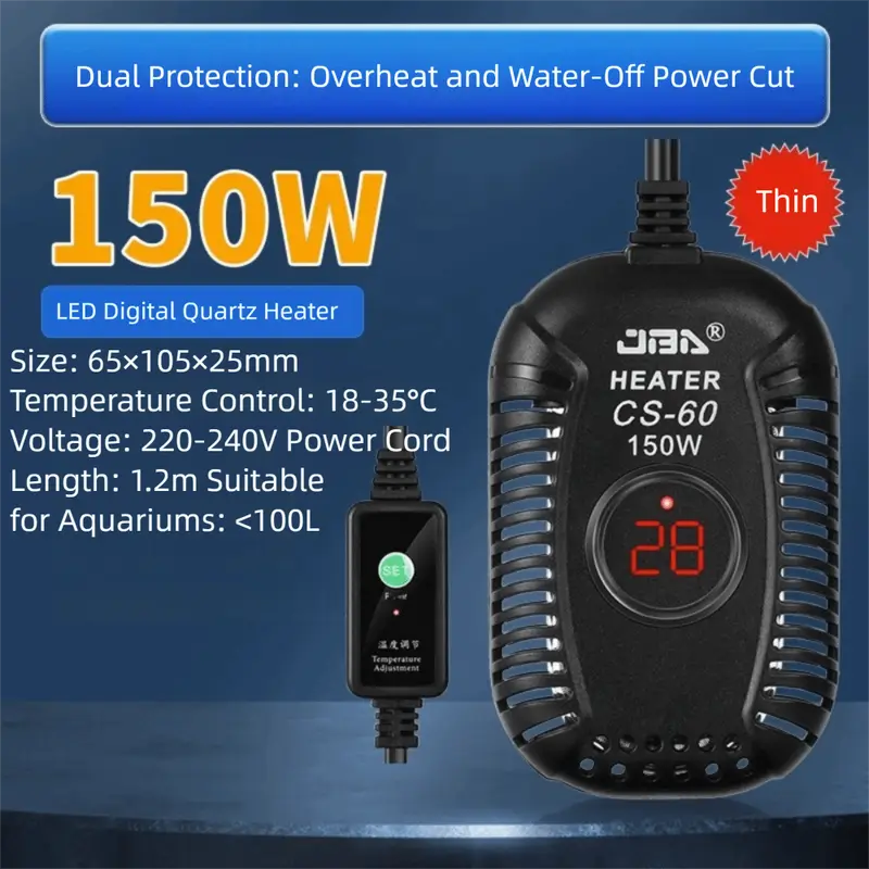 Quartz Glass Aquarium Submersible Heater Ultra Short Low Water Level Fish Tank Heating Rod 25w-150w Adjustable - Image 8