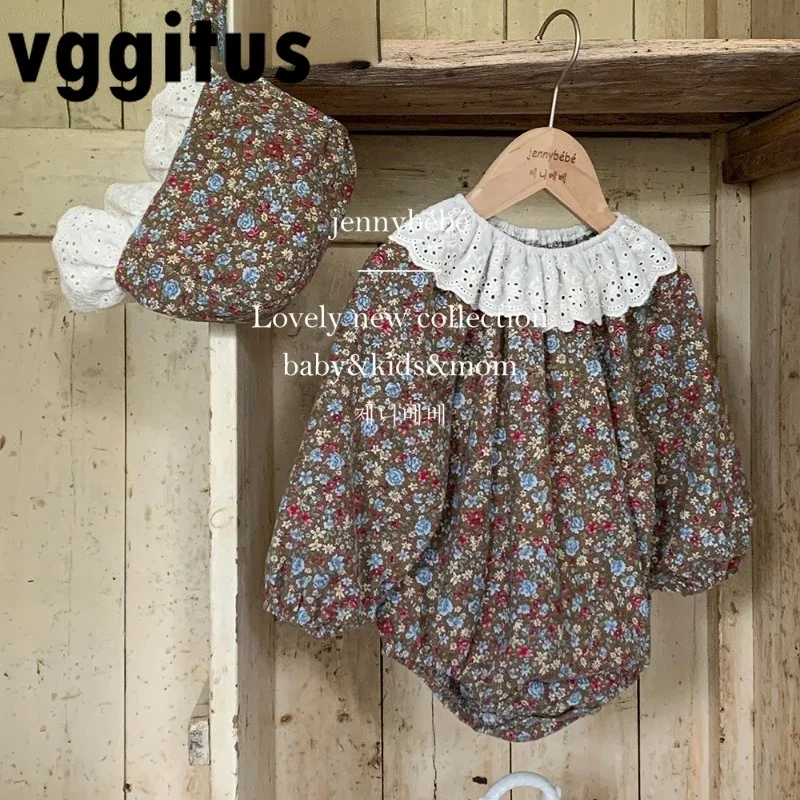 

New Spring Autumn Newborn Girl Bodysuit Long Sleeves Turn-down Collar Floral Patchwork One Pieces Jumpsuit+Cap Baby Clothes H187