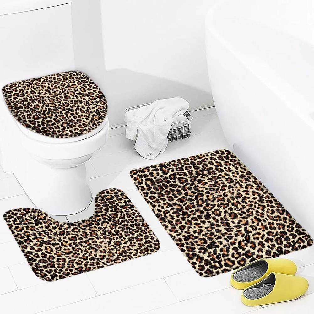 FashionLeopardPrintBathMatSetBrownAnimalFurGeometricPatternModernHomeBathroomDecor
