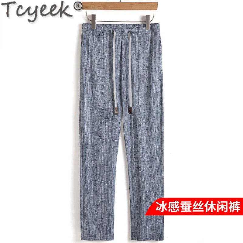 

Брюки Tcyeek мужские из 30% шелка тутового шелкопряда и 70% хлопка, повседневные тонкие прямые брюки свободного покроя, одежда для весны и лета