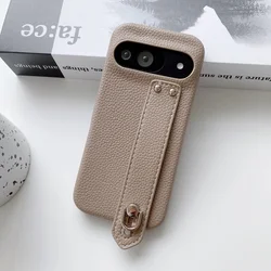 Lichee Pattern Leather Phone Case with Wrist Strap and Bracket - Protective Back Cover - Google Pixel 5a 5G (Khaki)