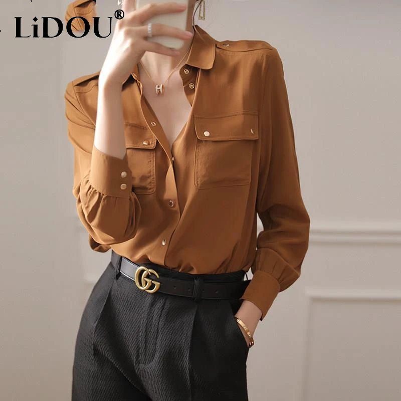 Spring Autumn New Solid Color POLO Collar Long Sleeve Single Breasted Shirt Women High Street Y2K Pockets All-match Cardigan