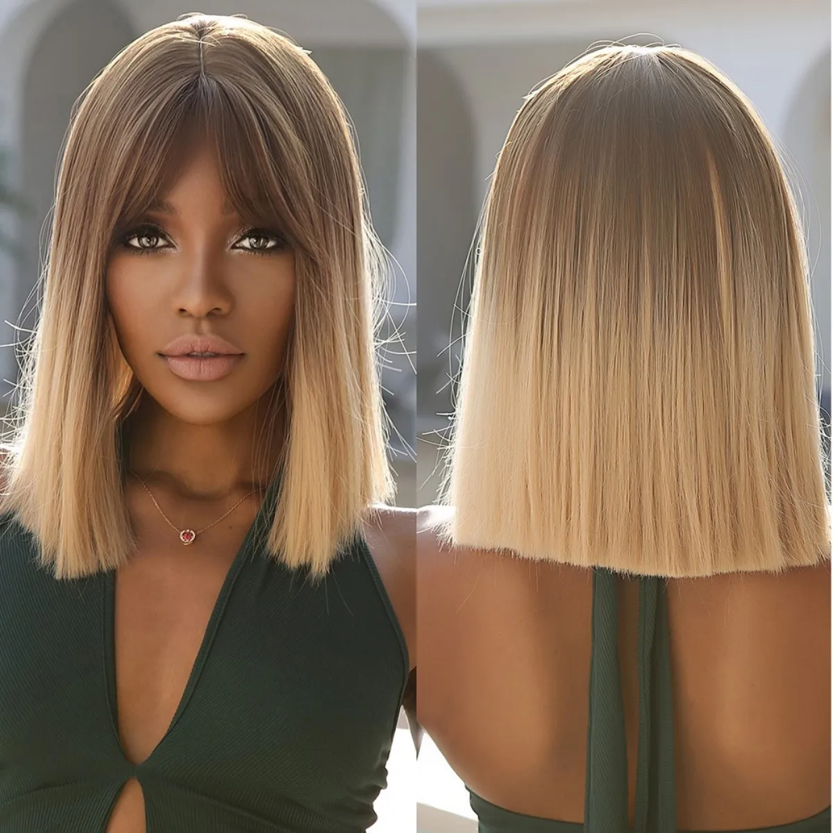 

Brown Ombre Blonde Short Straight Synthetic Wigs with Bangs Bob Wig for Women Daily Cosplay Party Heat Resistant Fake Hairs Use