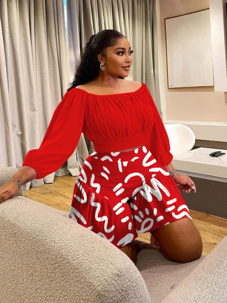 Wmstar Plus Size Two Piece Outfits Women's Clothing Wholesale New Style Pleated Off Shoulder  Casual Skirts Sets New Style