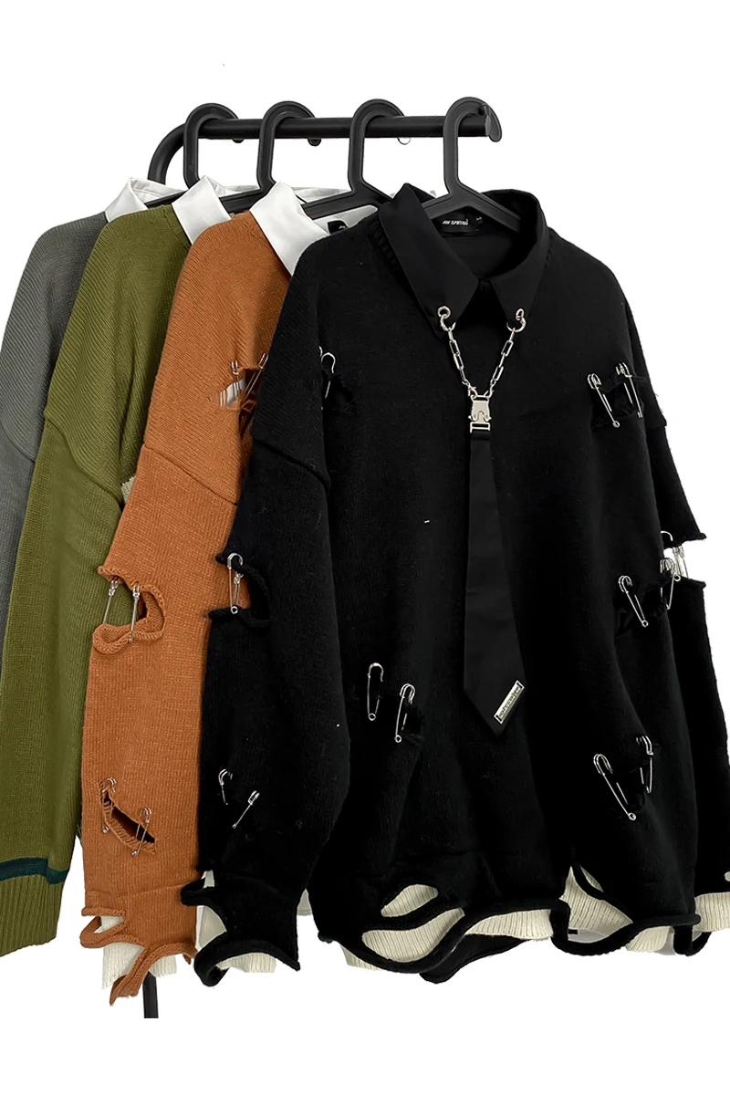 American Retro College Style Bandage Dress Ripped Pin Sweater Men's Niche Fake Two-Piece Knitted Sweaters Coat Pullovers Autumn