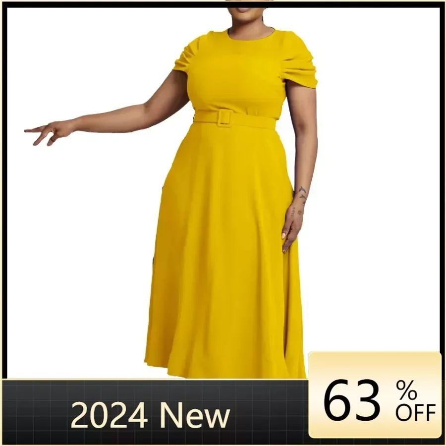 Summer African Dresses for Women 2024 New African Women V-neck Short Sleeve Solid Color Dress African Clothes Women
