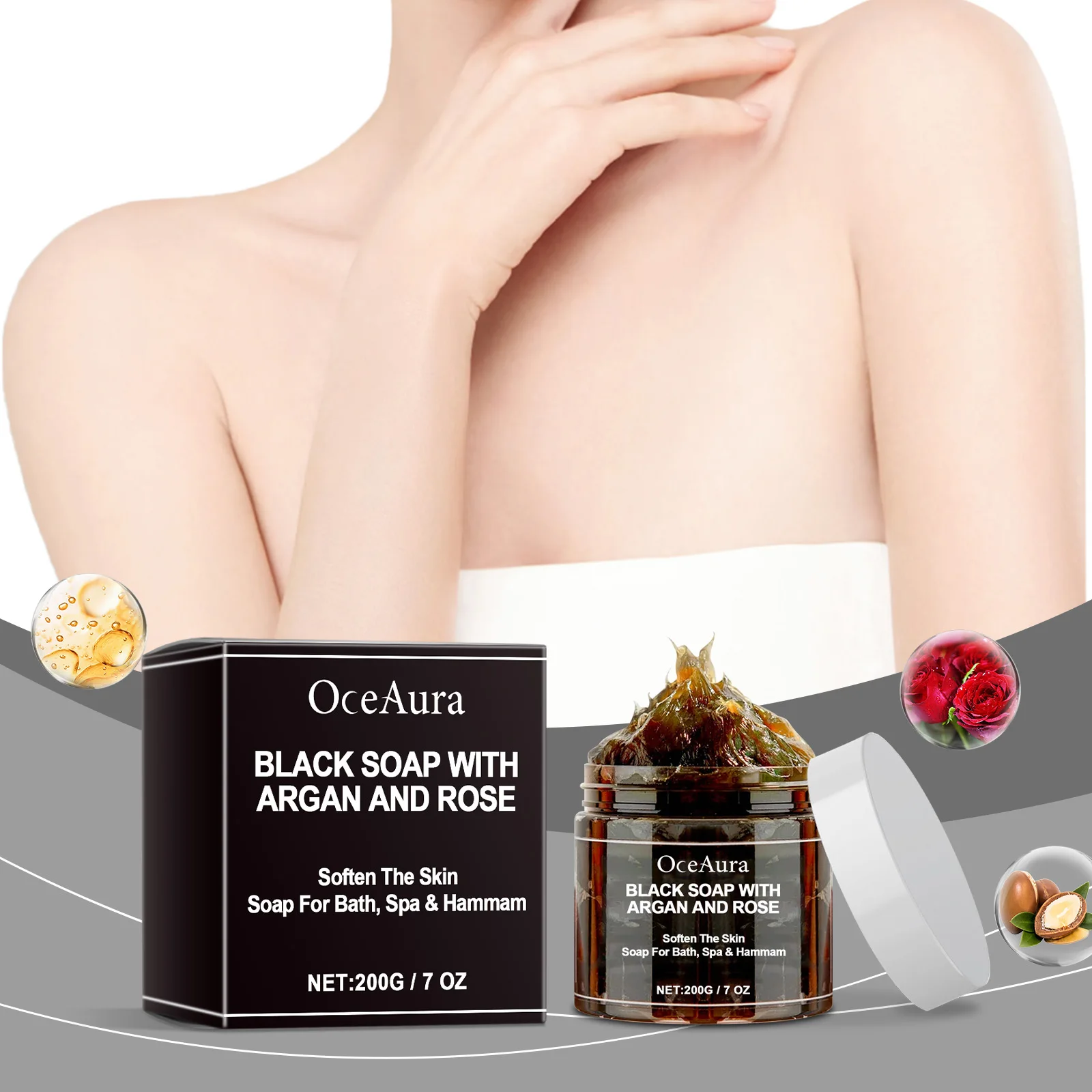 OCEAURA Black Soap With Argan And Rose lack Beldi Soap Ideal For Dead Skin Remover Body Scrub Purifying Deep Cleansing 200g/7 Oz
