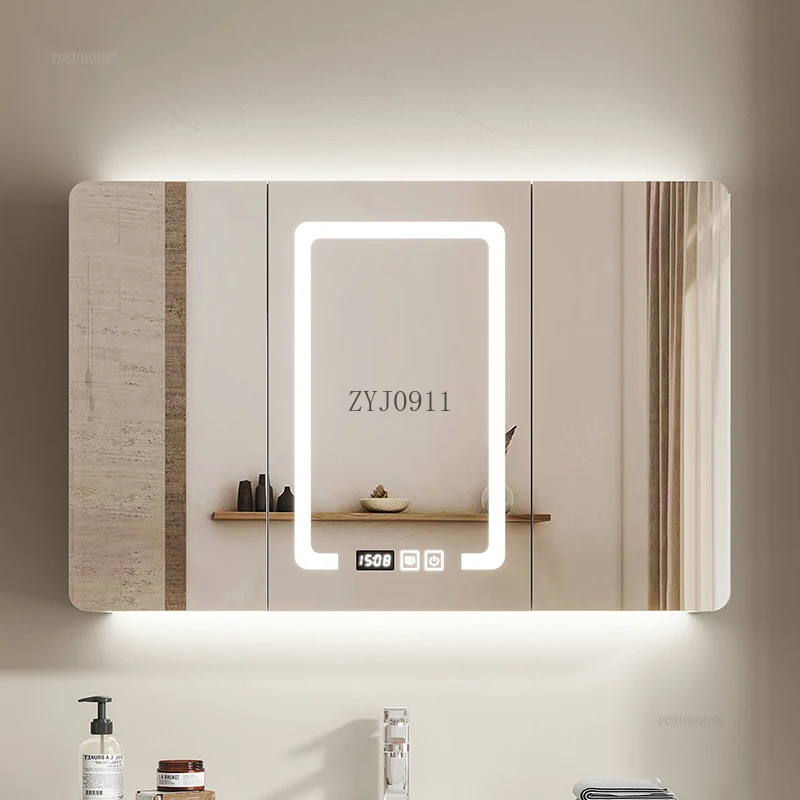 Rounded Corner Smart Bathroom Mirror Cabinet with Light and Defogging Bathroom Make Up Cabinet Home Furniture Storage Rack