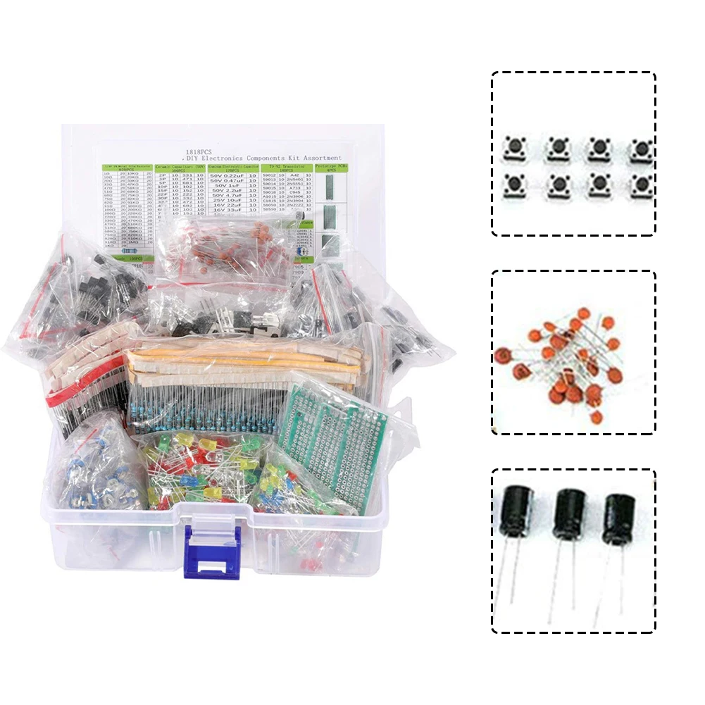 

1818Pcs Complete Electronic Components Kit For DIY Enthusiasts Direct Plug Electrolytic Capacitor LED Light Emitting Diode Trans