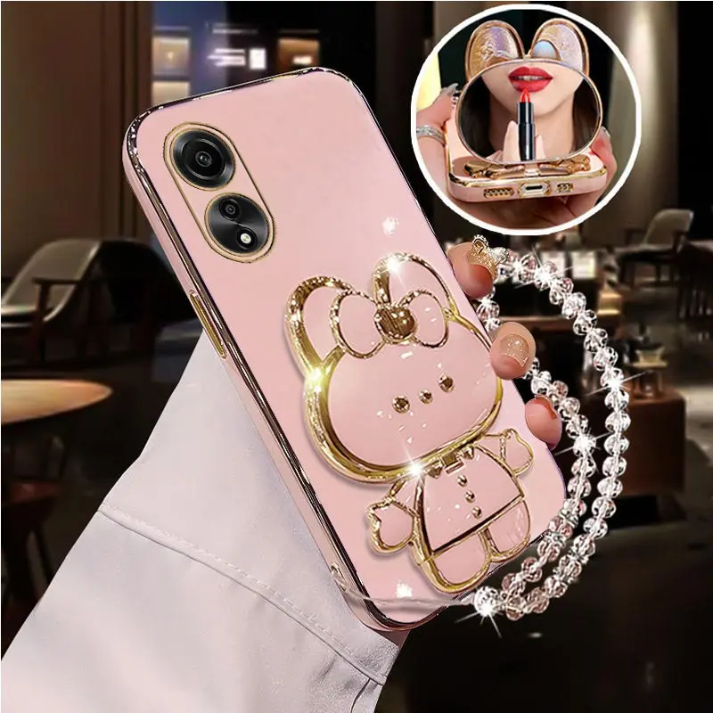 Elegant Diamond Strap Mirror Rabbit Holder Phone Case with Stand Cover