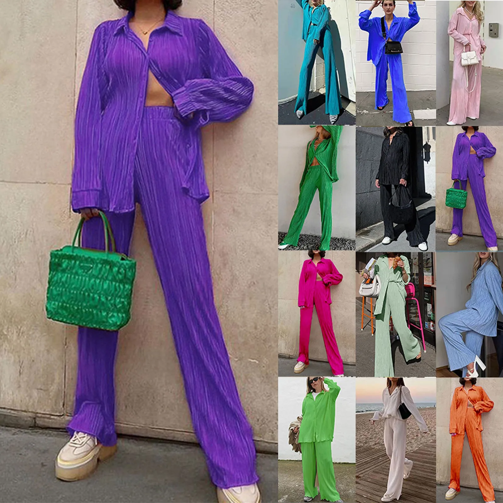 Spring Summer Pant Sets Womens Button Long Sleeves Shirts Straight