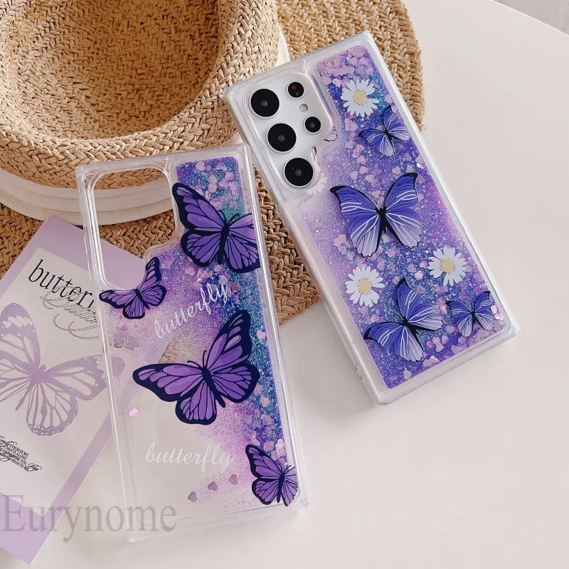 Purple Butterfly Liquid Glitter Quicksand Flower Bling Case
