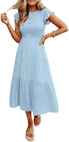 

Women's Dress 2023 Summer Fashion Casual Flying Sleeve Pleated Layered Short Sleeve Dress Bohemian Style Dress