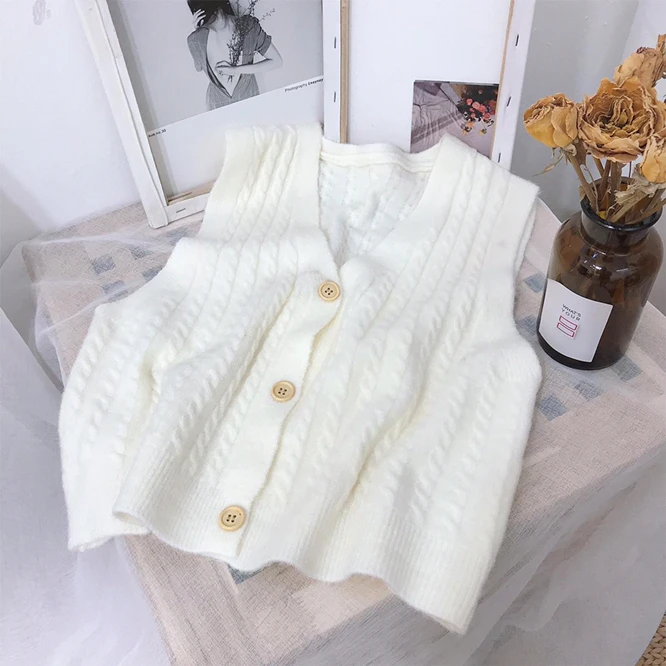 

White Autumn Solid V-neck Lady Women Knitted Cardigan Vest Waistcoat Sleeveless Sweater Vest Girls Student Casual Cloth Top