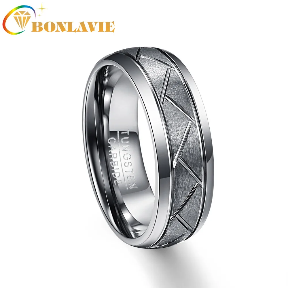 BONLAVIE 8mm Men's Domed Diagonal Grooves Tungsten Carbide Rings Brushed Wedding Band Comfort Fit Size 7-12