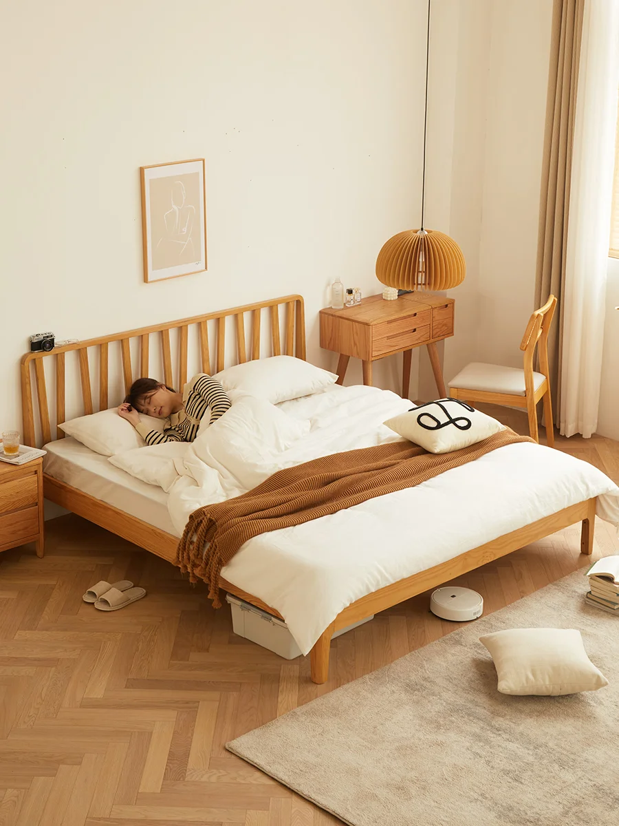 

Простая современная кровать из цельной древесины, кровать из красного дуба 1,8 м, двуспальная кровать в скандинавском стиле маленького размера, кровать 1,5 м