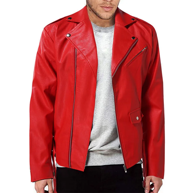 Leather jackets Men winter jacket Men Solid Color Imitation Leather Jacket Black / Red Oblique Zipper Biker Coats