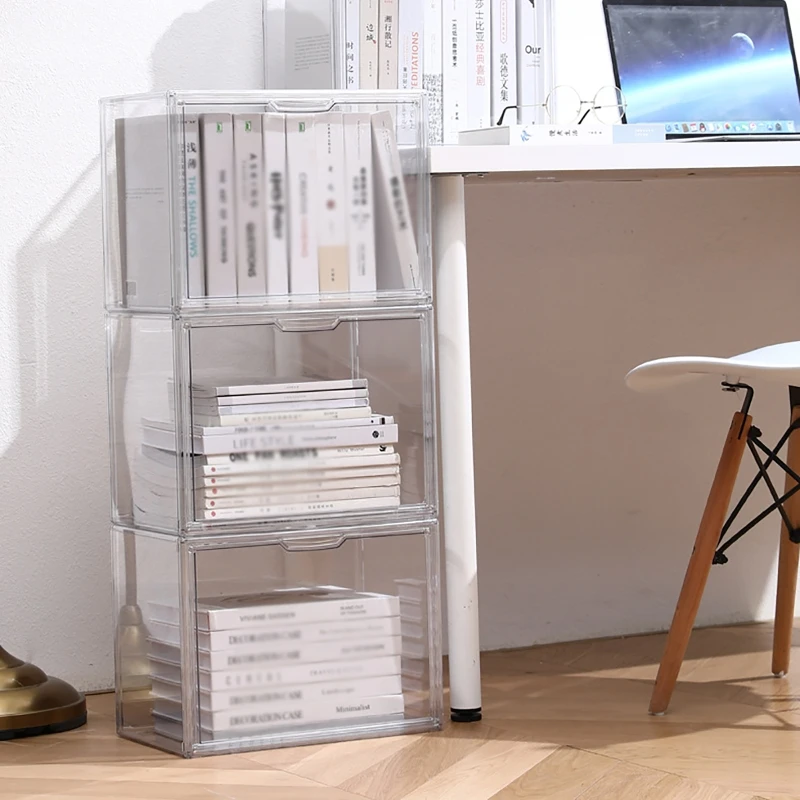 

Book Storage Box Plastic Transparent Bag Box Dust-proof Handbag Showcase Stackable Desktop Students Bookcase Storage Organizer