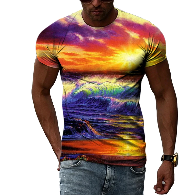 

Hot Sale Summer Men's Personality T-Shirt Natural Landscape 3D Printing Fashion Casual Handsome Large Size O Neck Short Sleeves