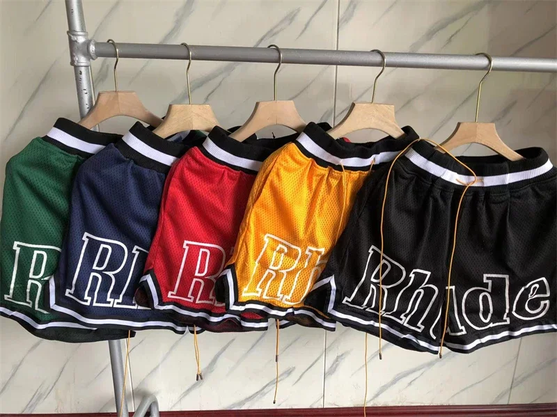 

23SS High Quality Drawstring Yellow Blue Rhude Shorts Men Women Loose Breathable Mesh RHUDE Breeches With Tags Kanye West