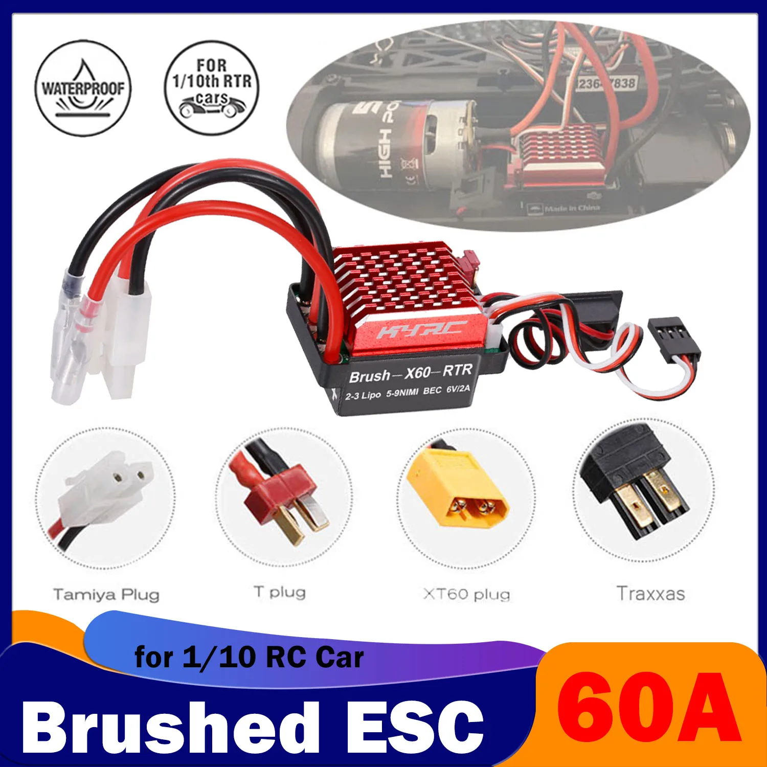 Rc 1/10 Auto 60A Spazzolato Esc Per 540/550 Motor Traxxas Trx4 D90 Hsp Redcat Axial Scx10 Rc4Wd Hpi Crawler Buggy Monster Truck Boat