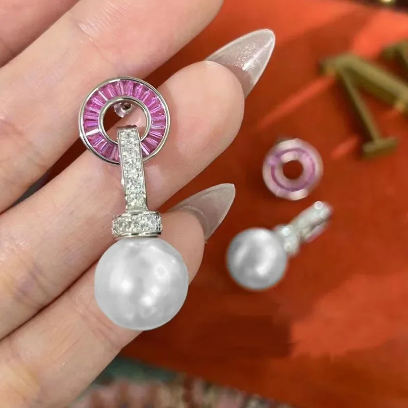 

Romantic Pearl Pink Diamond Dangle Earring 100% Real 925 sterling silver Party Wedding Drop Earrings for Women Promise Jewelry