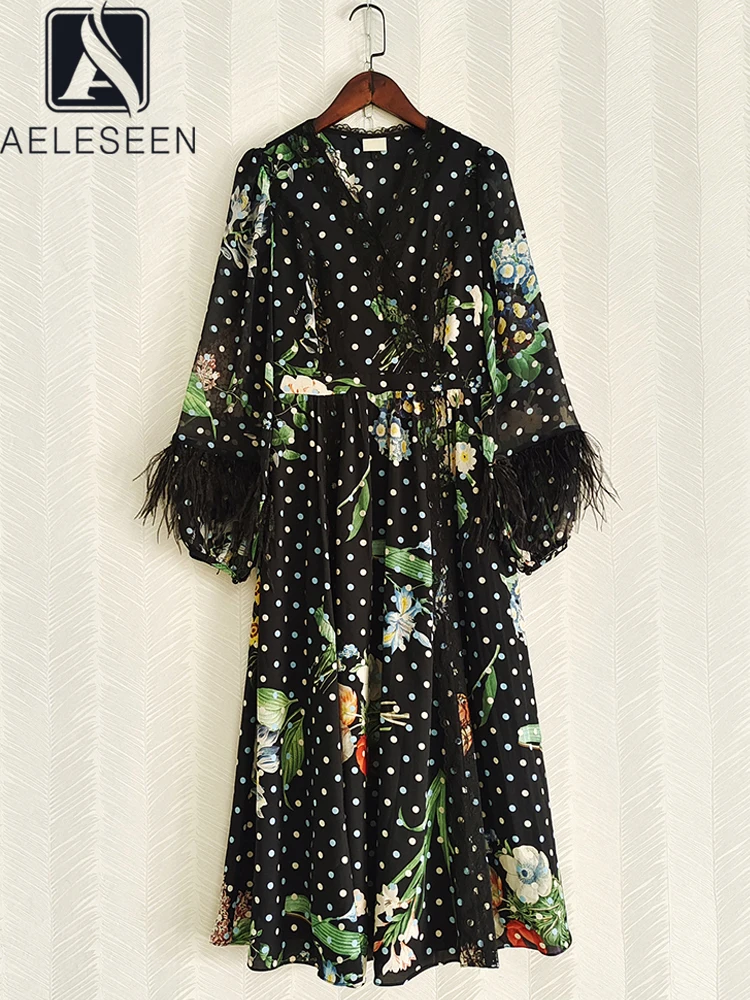 

AELESEEN Women Sicilian Summer Dress Runway Fashion V-Neck Lantern Sleeve Dots Flower Print Feathers Elegant Long Party Holiday