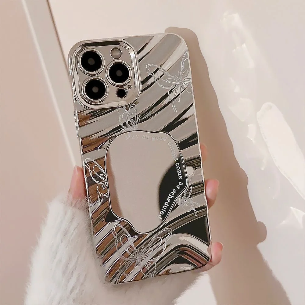Electroplated Mirror Pink Butterfly Phone Case For iPhone 16 13 11 12 14 15 Pro Max Luxury Plating Wavy Shockproof Makeup Cover