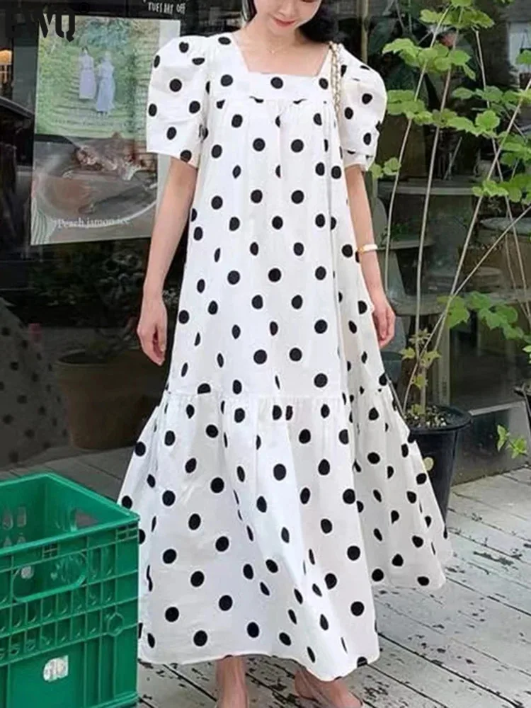 

[EWQ] Korean Chic Square Neck Contrasting Polka Dot Design Loose Casual Bubble Sleeve Dress For Women 2024 Spring Summer 16U8907