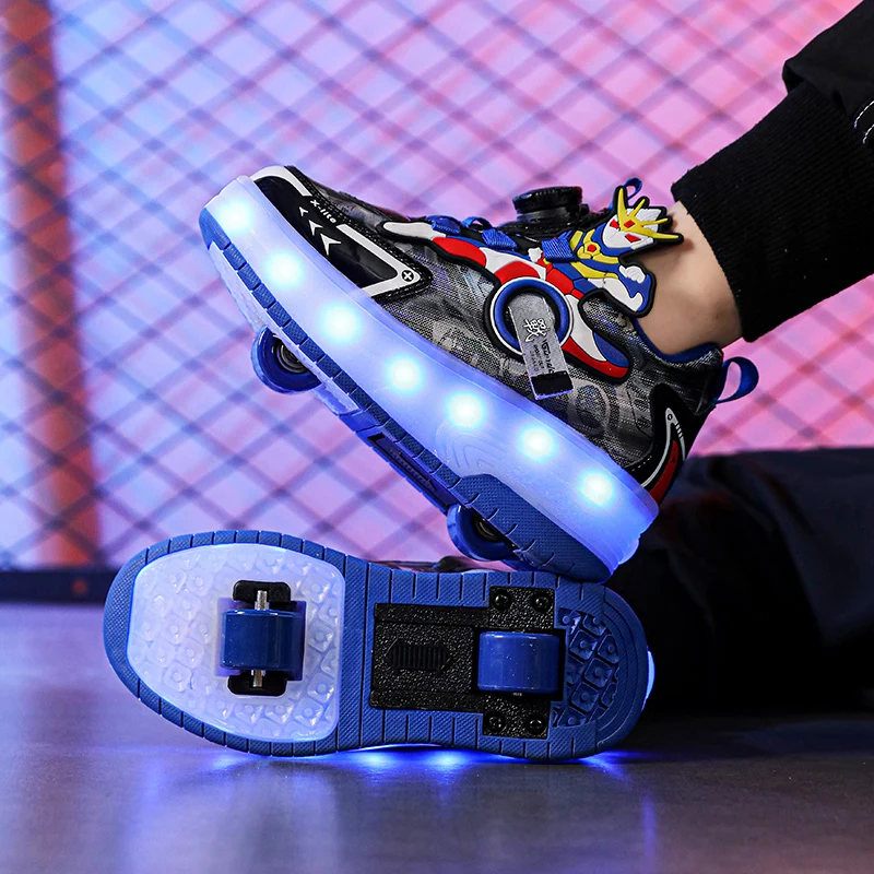 Kids Shoes Boys' sneakers rotating button cartoon usb charging bright light roller skating rampage shoes elementary school children's shoes red sneakers